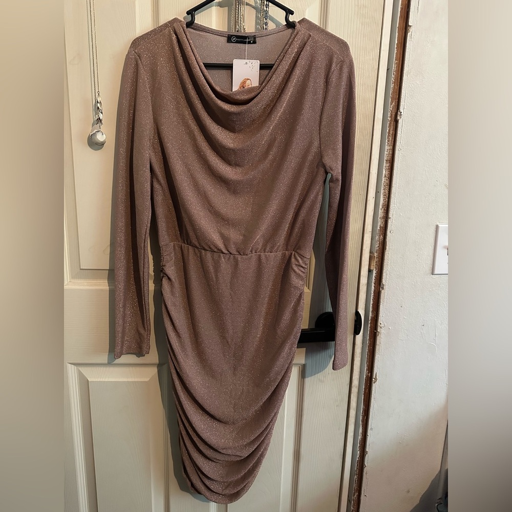 NWT Rose gold Pretty Garden Womens Elegant Glitter Long Sleeve Dress bodycon M